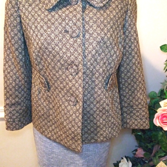 LOFT Retro 1950's Style Brown & Taupe Wool Blend Floral Tweed 3/4 Sleeve Jacket - Picture 3 of 9